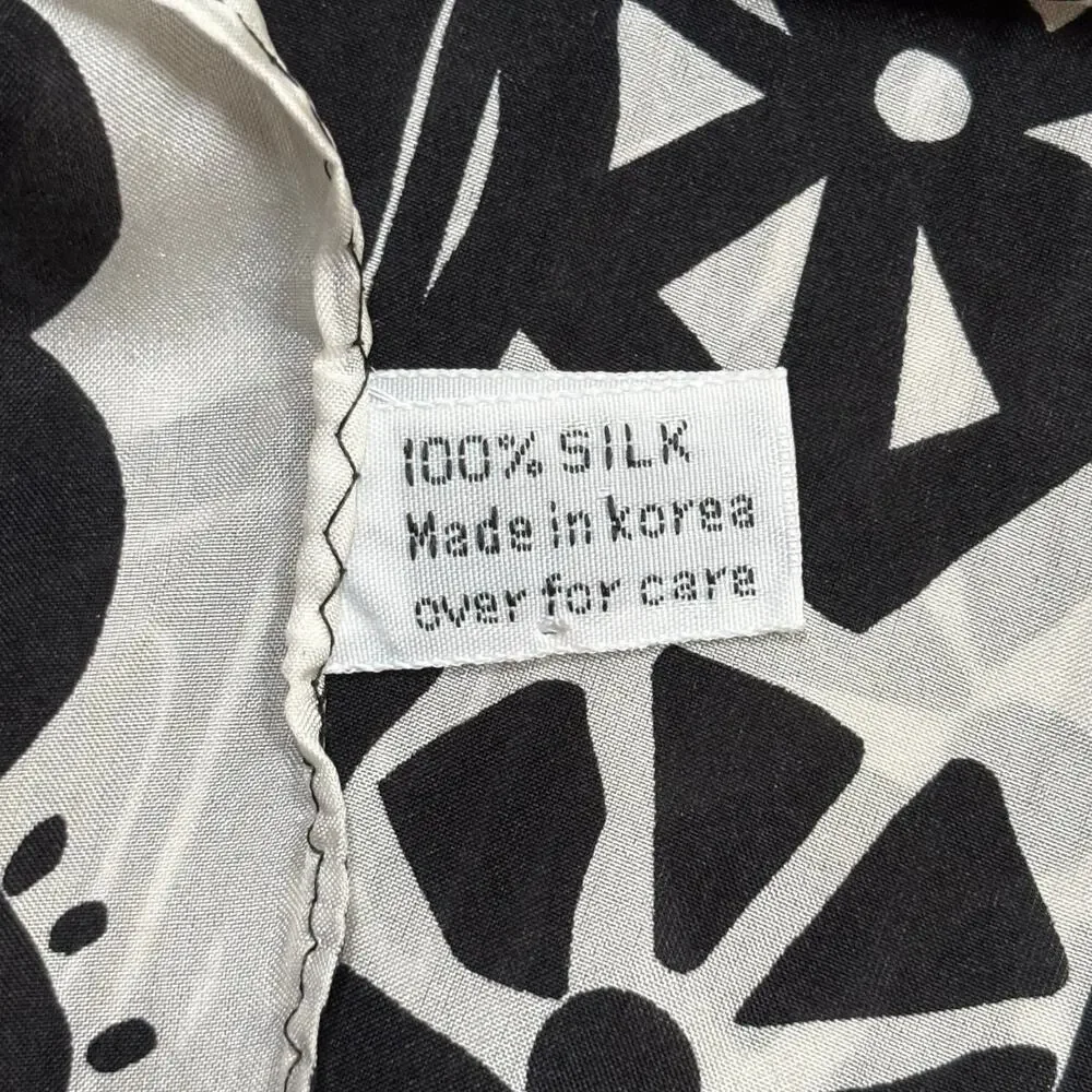 Vintage Korea Silk Scarf Art to Wear Black & white mod 60s 70s floral print